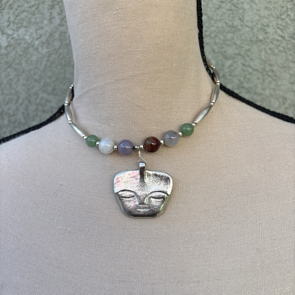 Handcrafted Multicolo choker Necklace with Peruvian inspired Sun face pendant